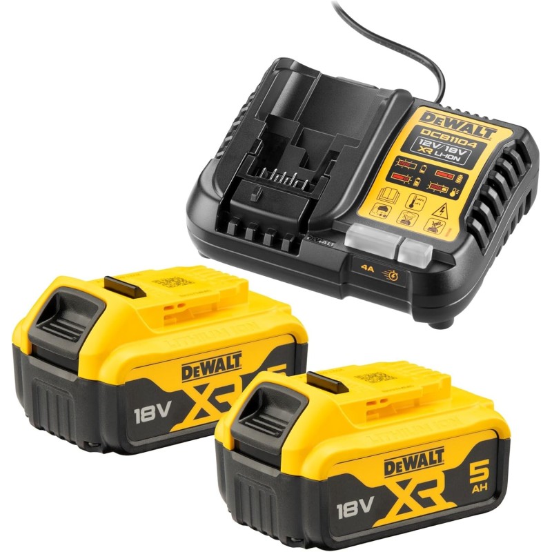 DeWalt 2 Batterie agli ioni di litio XR da 5,0 Ah, 18 V con caricatore caricabatteria DCB115 DCB184 DeWalt 2 Batterie agli ioni di litio XR da 5,0 Ah, 18 V con caricatore caricabatteria DCB115 DCB184
