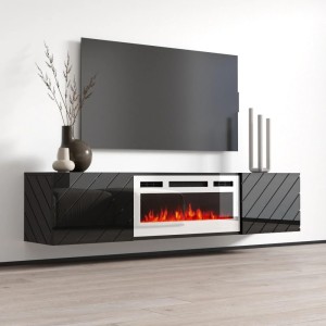 Mobile porta tv Roxy con camino elettrico bianco cm183x35x38h nero lucido