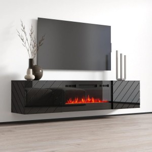 Mobile porta tv Roxy con camino elettrico cm183x35x38h nero lucido