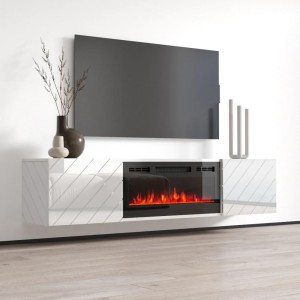 Mobile porta tv Roxy con camino elettrico nero cm183x35x38h bianco lucido