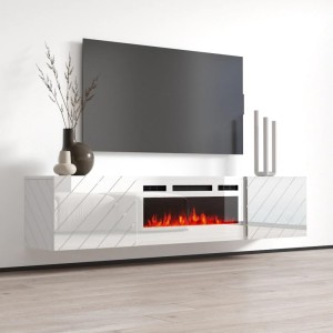 Mobile porta tv Roxy con camino elettrico bianco cm183x35x38h bianco lucido