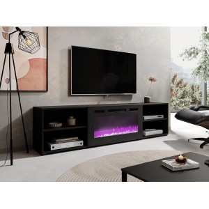 Mobile porta TV soggiorno con caminetto nero ROLLO cm 200x33x48.5h Nero Opaco