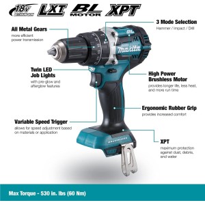 Trapano Makita DHP484Z con Percussione 18V Brushless leggero e maneggevole