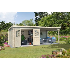 Casetta in legno non trattato LIVIA con porticato cm. 300x300 + 300x300 con Pavimento