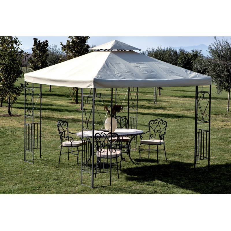 GAZEBO 3133B IN METALLO DECORATO MT.3X3 TOP ECRU' CON CUSPIDE ANTIVENTO GAZEBO 3133B IN METALLO DECORATO MT.3X3 TOP ECRU' CON CUSPIDE ANTIVENTO