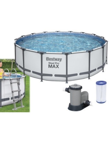 PISCINA TONDA FUORI TERRA STEEL PRO MAX BESTWAY 488xH122 -5612Z + POMPA, SCALETTA E TELO