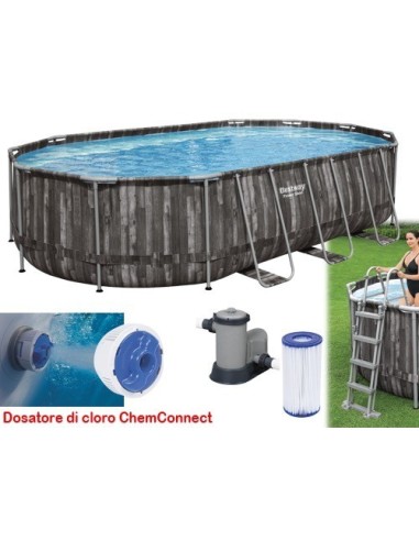 PISCINA OVALE FUORI TERRA STEEL SIMIL LEGNO BESTWAY 610x366xH122 -5611R + POMPA, DOSATORE, SCALETTA E TELO