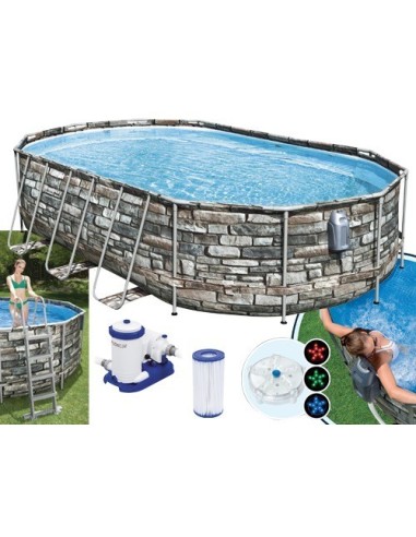 PISCINA OVALE FUORI TERRA STEEL COMFORT PIETRA BESTWAY 610x366xH122 -56719 + POMPA, SCALETTA, TELO E SISTEMA IDROMASSAGGIO