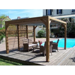 Pergola in Legno Trattato Alta Temperatura con Veneziane Mobili sul Tetto + Parete 341x313xh217