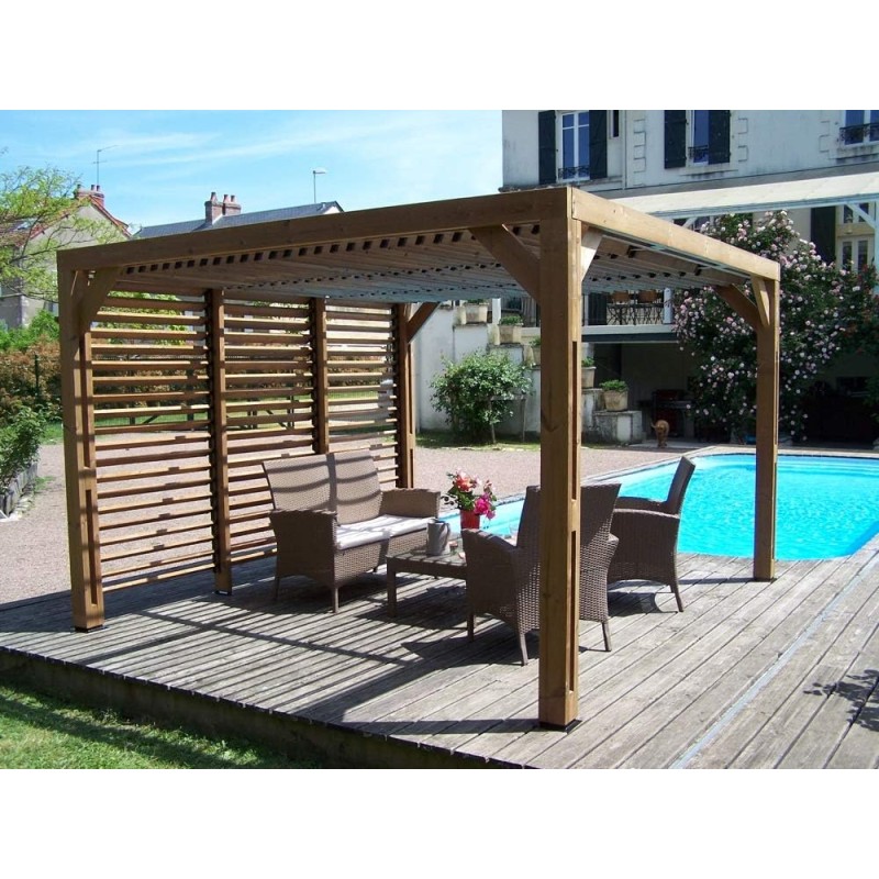 Pergola in Legno Trattato Alta Temperatura con Veneziane Mobili sul Tetto + Parete 341x313xh217 Pergola in Legno Trattato Alta Temperatura con Veneziane Mobili sul Tetto + Parete 341x313xh217
