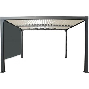 Pergola Foresta bioclimatica gazebo in alluminio, apertura manuale, tetto ecru,360x300 con tenda laterale