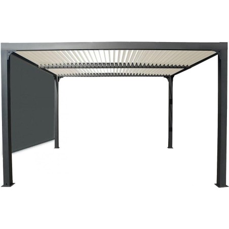 Pergola Foresta bioclimatica gazebo in alluminio, apertura manuale, tetto ecru,360x300 con tenda laterale