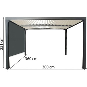 Pergola Foresta bioclimatica gazebo in alluminio, apertura manuale, tetto ecru,360x300 con tenda laterale