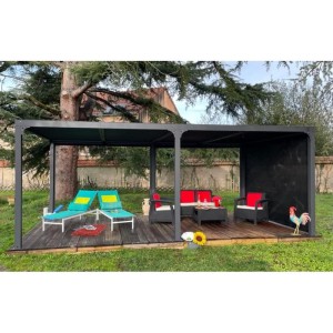 Pergola bioclimatica Foresta gazebo in alluminio, apertura manuale, 360x600 con tenda su lato 360