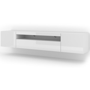 Mobile TV Aura 200x37x42H Cm mobile sospeso o a terra con piedi Corpo: bianco opaco, frontali: bianco lucido