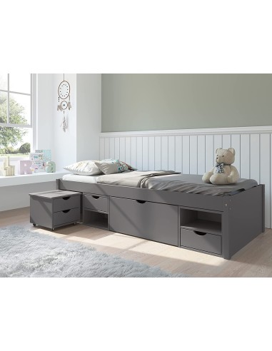 LETTO TILL + VANI CONTENITORE + COMODINO CON RUOTE 96x209x47,5H PINO MASSELLO VERNICIATO GRIGIO DOGHE INCLUSE