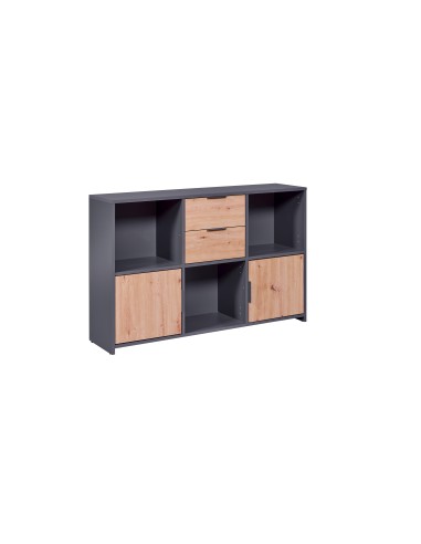 LIBRERIA PEPETO 2 PORTE + 2 CASSETTI 120x30x77CM LAMINATO GRIGIO E QUERCIA ARTISAN