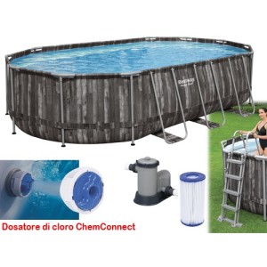 PISCINA OVALE FUORI TERRA STEEL SIMIL LEGNO BESTWAY 610x366xH122 -5611R + POMPA, DOSATORE, SCALETTA E TELO