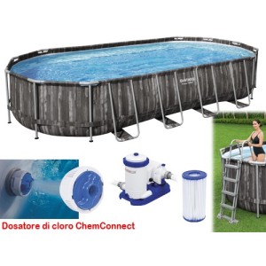 PISCINA OVALE FUORI TERRA STEEL SIMIL LEGNO BESTWAY 732x366xH122 -5611T + POMPA, DOSATORE, SCALETTA E TELO