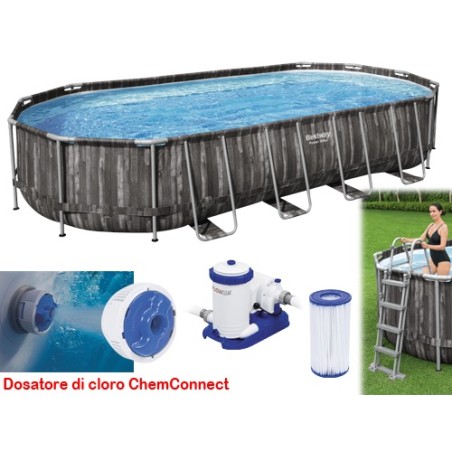 PISCINA OVALE FUORI TERRA STEEL SIMIL LEGNO BESTWAY 732x366xH122 -5611T + POMPA, DOSATORE, SCALETTA E TELO