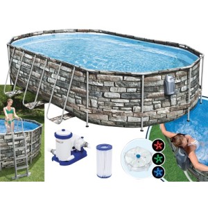 PISCINA OVALE FUORI TERRA STEEL COMFORT PIETRA BESTWAY 610x366xH122 -56719 + POMPA, SCALETTA, TELO E SISTEMA IDROMASSAGGIO